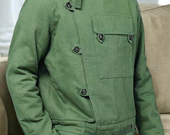 Chaqueta de algodón verde sueca hecha a mano para hombre / Chaqueta estilo motociclista estilo militar cálida de invierno para hombre / Chaqueta vintage / Chaqueta de algodón sueco para hombre