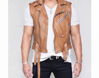 Men's Slim Fit Stylish Tan Brown Biker Leather Vest | Men Handmade Modern Style Motorcycle Vintage Brown Leather Vest | Stylish Biker Vest