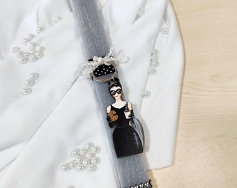 Greek Orthodox Pascha candle with wooden keychain, Grey aromatic lambada candle, Greek Easter gift idea for women