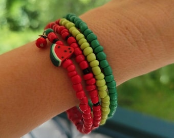Watermelon Memory wire bracelet, Beaded wrap Summer colorful handmade multi strand jewelry