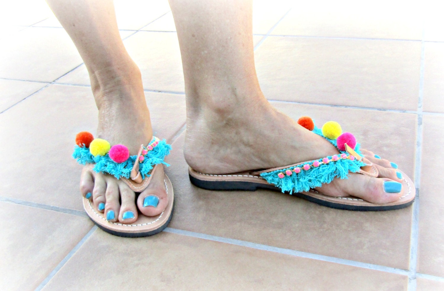 Pompom sandals, Boho greek sandals,Yellow pink orange hippie sandals ...