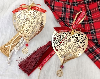 Gold heart Greek new year 2027 gouri good luck ornament, Handmade Christmas wishes gift