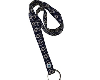 Blue woven lanyard with evil eye, Ethnic lanyard, Bohemian keychain with evil eye, Blue and white woven lanyard with evil eye