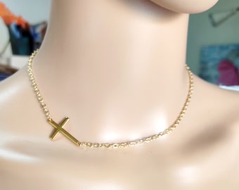Cross gold steel necklace, Layering jewelry, Religion cross choker, Gold necklace, Minimalist jewelry, Dainty cross choker, Tiny necklace