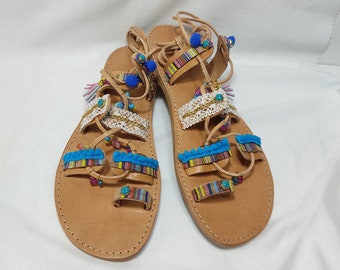 Bohemian blue lace up sandals, Greek sandals, Pompom sandals, Gladiator sandals, Hippie shoes, Beach sandals, Summer shoes, Party sandals