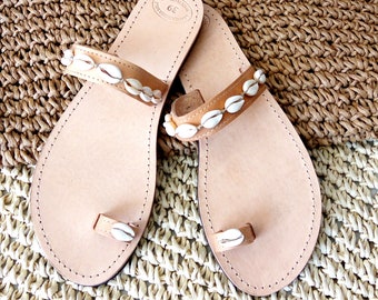 Cowrie Shell Leather Toe Ring Sandals, Handmade Greek Beach Sandals