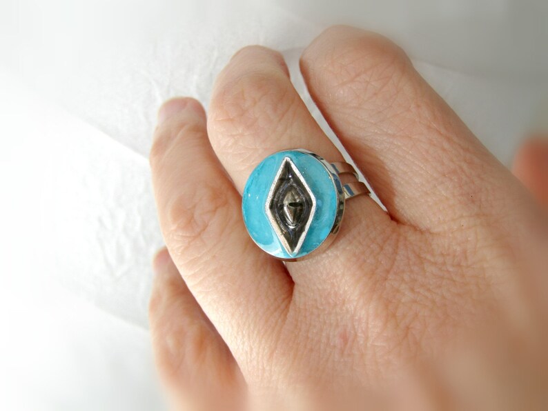Blue ring Blue sea and boat ring Nautical ring Sea ring Round adjustable ring Blue turquoise ring Cocktail ring Gift for her