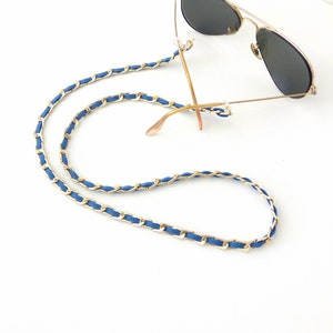 Sunglasses gold chain and blue cord Sunglasses necklace Fashion trend sunglasses gold blue chain Accessories for glasses Mother&#39;s day gift