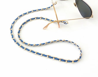 Sunglasses gold chain and blue cord Sunglasses necklace Fashion trend sunglasses gold blue chain Accessories for glasses Mother's day gift