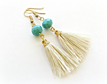 Boho tassel earrings with turquoise beads, Tassel jewelry, Party earrings, Boho earrings, Gift for her, Summer earrings