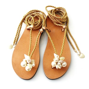 Sea shells pearls rope sandals, Wedding shell sandals, Greek leather sandals, Beach wedding sandals, Handmade sandals, Summer sandals