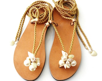 Sea shells pearls rope sandals / Σανδάλια με χρυσό κορδόνι πέρλες και κοχύλια