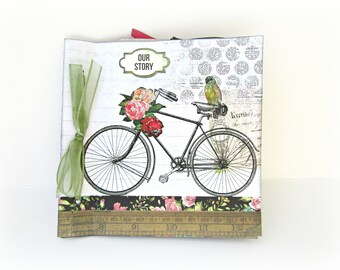 Romantic bicycle mini album, Premade photo mini album, Square 6x6 inches 15x15 cm, Memories photo book, Bicycle mini album, Mothers day gift