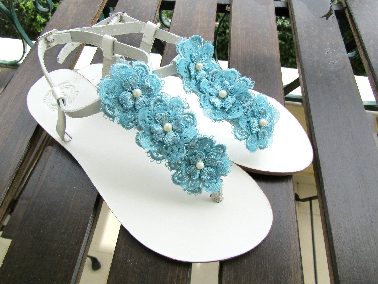 Wedding sandals White sandals with Blue lace flowers Something blue Bridal party Greek