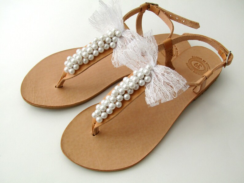tan sandals with pearls
