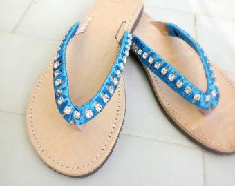 Greek leather sandals - Bridal shoes - Blue satin and rhinestone flip flops -Wedding flip flops -Summer sandals-Decorated sandals