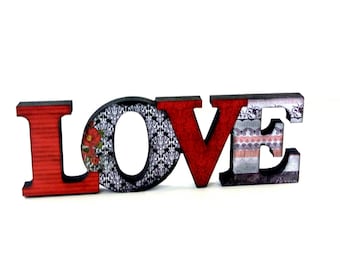 Wooden sign LOVE handmade decoration with papers, Valentine's day gift, Self decoration
