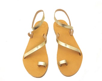 Golden greek sandals, Ancient sandals, Handmade Greek leather sandals, Wedding sandals, Summer flats,Toe ring sandals, Bridal party shoes