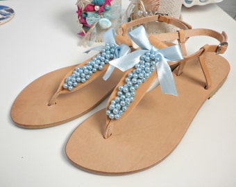 Wedding sandals -Pearls leather sandals-Blue pearls sandals-Bridesmaids flats -Beach wear- Greek leather sandals Blue beaded leather sandals