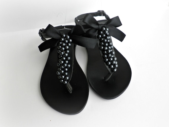 Sandalias negras Sandalias decoradas con perlas negras lazo | Etsy México