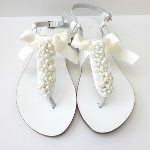 Wedding white sandals with ivory pearls and satin bow, White Greek sandals with ivory pearls, Bridal white flats /Bridesmaid shoes image 1