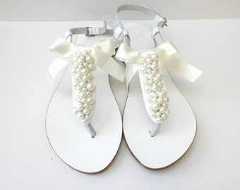 Wedding white sandals with ivory pearls and satin bow, White Greek sandals with ivory pearls, Bridal white flats /Bridesmaid shoes