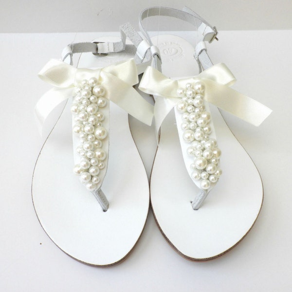 Wedding white sandals with ivory pearls and satin bow, White Greek sandals with ivory pearls, Bridal white flats /Bridesmaid shoes