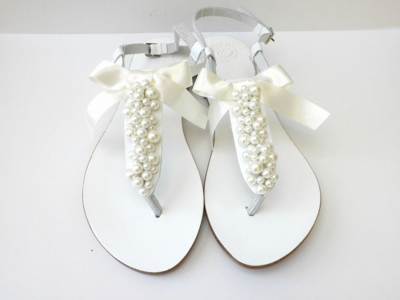 Wedding white sandals with ivory pearls and satin bow, White Greek sandals with ivory pearls, Bridal white flats /Bridesmaid shoes image 1