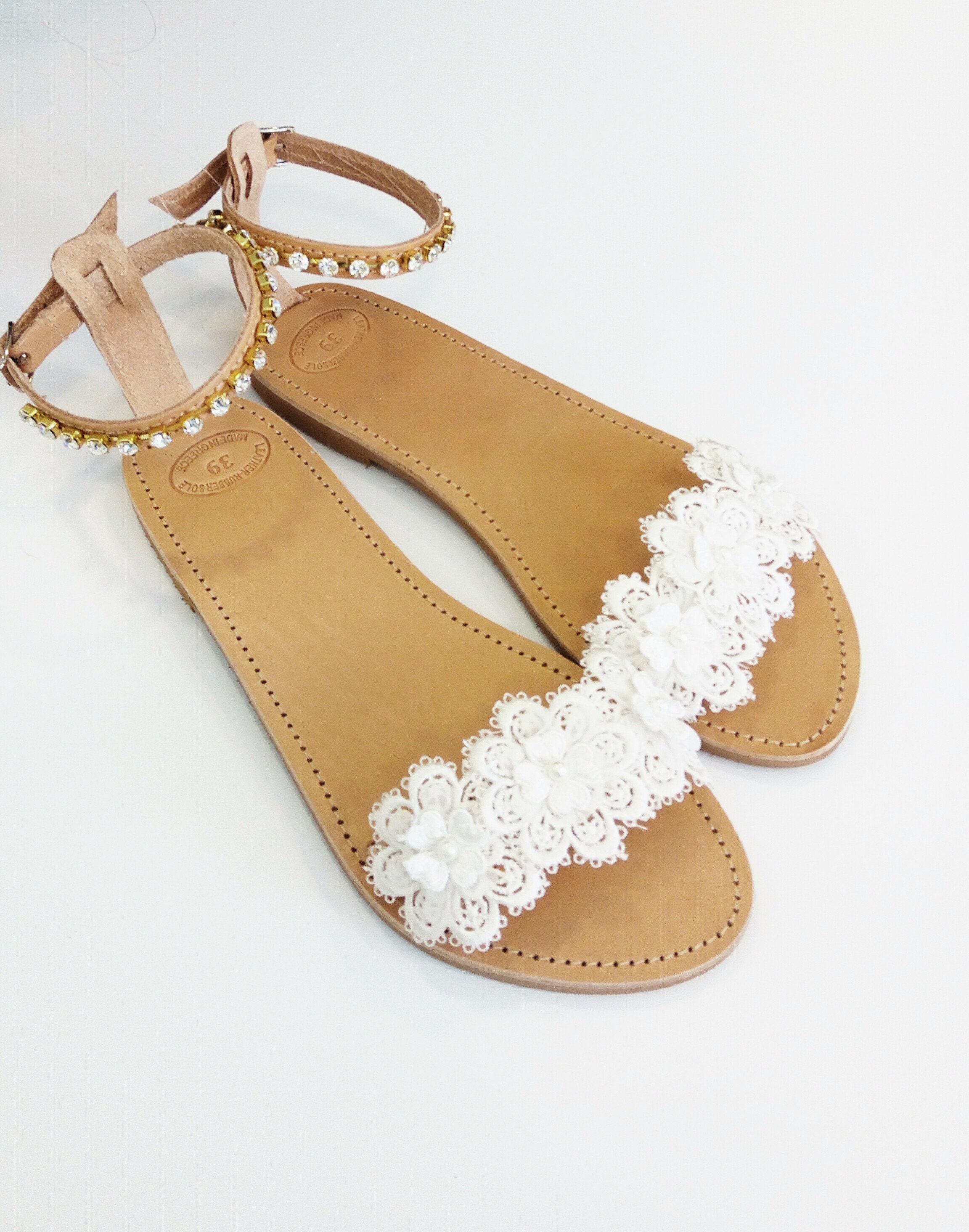 Bridal lace and pearls sandals, Wedding flat leather sandals, White
