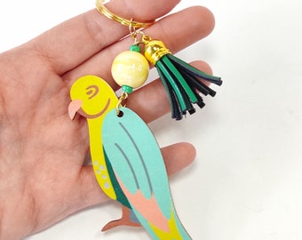 Wooden bird keychain, Parrot keychain, Tropical keychain, Nature bird keychain with tassel , Gift for her, Boho style cute animal  keychain