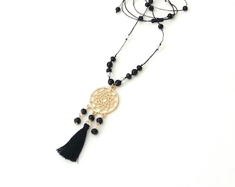 Long tassel necklace with dreamcather, Bobemian necklace, Black tassel long necklace, Gift for her