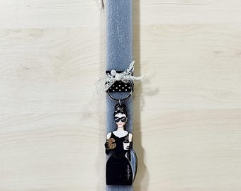 Aromatic Grey Pascha Candle with Wooden chic girl Keychain, Greek Easter Candle