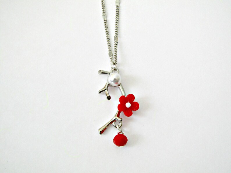 Silver branch with red flower necklace, Silver chain necklace ,Blossom necklace, Flower necklace, Red flower necklace, Valentine's day gift image 6