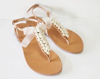 Wedding Leather Pearl Sandals, Greek Bridal Flats with Satin Bow