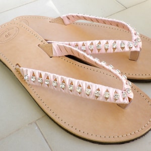 Bridal shoes -Wedding sandals with silver rhinestone pink satin ribbon-Greek leather flip flops-Summer sandals-Rhinestone decorated sandals-
