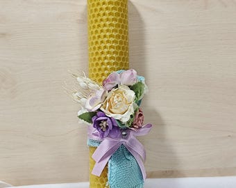 Greek easter lambada with flowers, Orthodox Pascha candle , Lambada for women, Natural candle, Greek Easter yellow beeswax candle