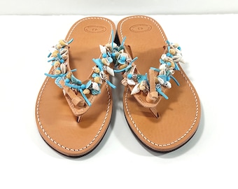 Greek leather sandals with shell beads, Summer flats, Leather sandals, Shell beaded sandals, Blue decorated leather sandals, Summer sandals