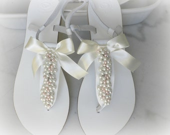 Wedding leather sandals, White sandals decorated mix ivory pink pearls,Bridal party,Summer flats,Beach wear, Pearls sandals, Bridal shoes