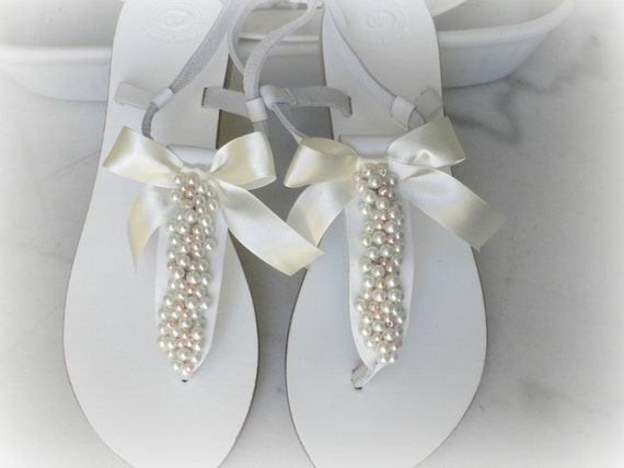 Wedding Leather Sandals White Sandals Decorated Mix Ivory Pink Pearls bridal Party summer Flats beach Wear Pearls Sandals Bridal Shoes Etsy Canada