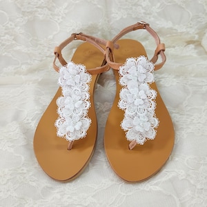 Beach wedding sandals Greek leather sandals Sandals with white flowers  Bridal shoes Lace flowers wedding shoes  Beach wedding party sandals