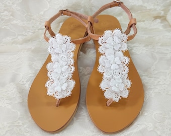 Beach wedding sandals Greek leather sandals Sandals with white flowers  Bridal shoes Lace flowers wedding shoes  Beach wedding party sandals