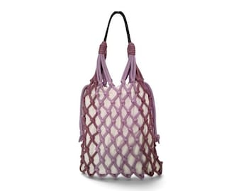 Handmade macramé net tote bag with removable cotton drawstring pouch – Purple summer shoulder bag
