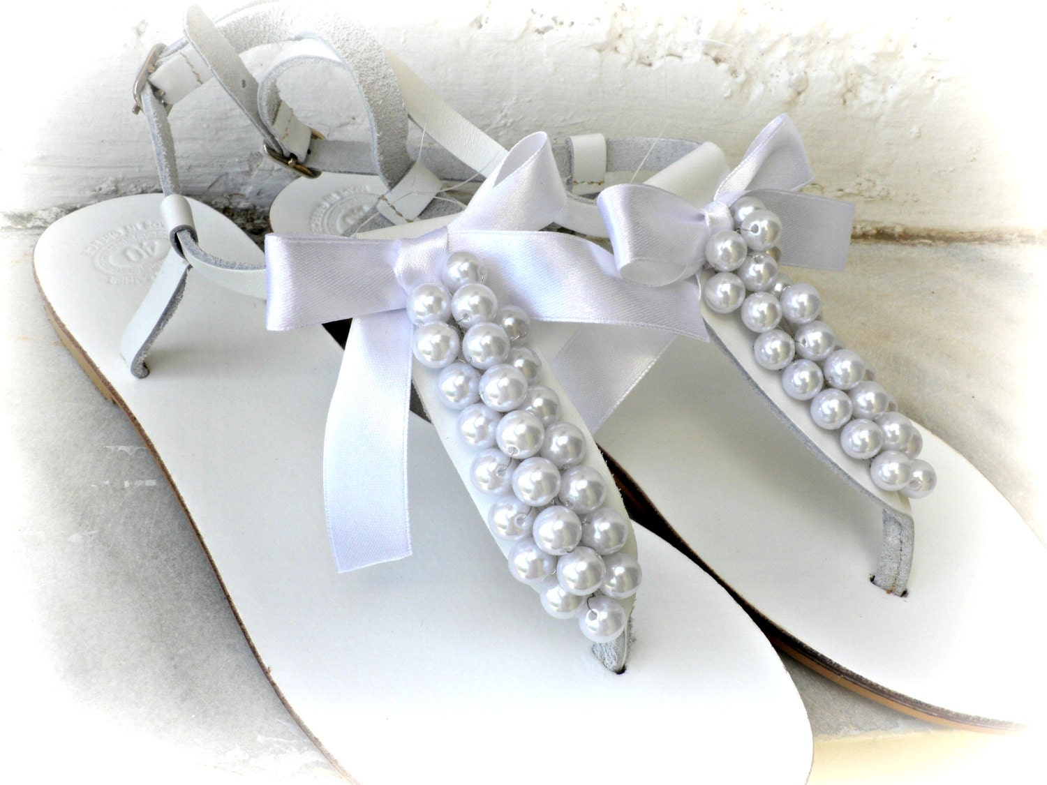 White wedding sandals with white pearls and bow, Pearl sandals, Beach ...