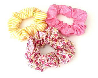 Pink polka dots scrunchy, Retro floral scruncy, Yellow stripes scrunchy, Handmade cotton scrunchies, Set of 3 scrunchies, Gift for her