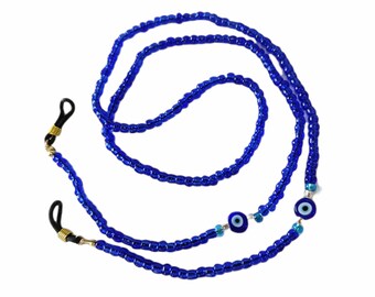 Blue beaded glasses chain with evil eye, Sunglasses chain, Beaded blue glasses lanyard, Sunglass Chain, Reading Glass Chain, Gift For Her
