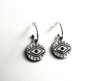 Silver evil eye earrings, Hoops with evile eye, Evile eye coin earrings, Protection jewelry, Silver coin hoops, Everyday jewelry