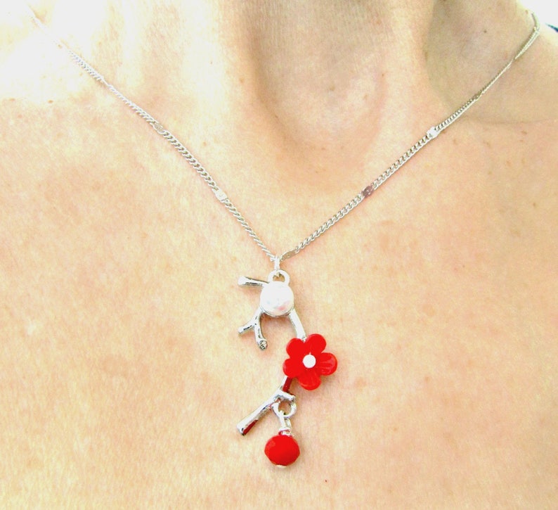 Silver branch with red flower necklace, Silver chain necklace ,Blossom necklace, Flower necklace, Red flower necklace, Valentine's day gift image 3