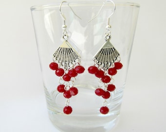 Silver chandelier earrings, Red beaded earrings, Dangle chandelier earrings red beads, Boho earrings Summer earrings Valentine's day gift