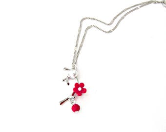 Silver branch with red flower necklace, Silver chain necklace ,Blossom necklace, Flower necklace,