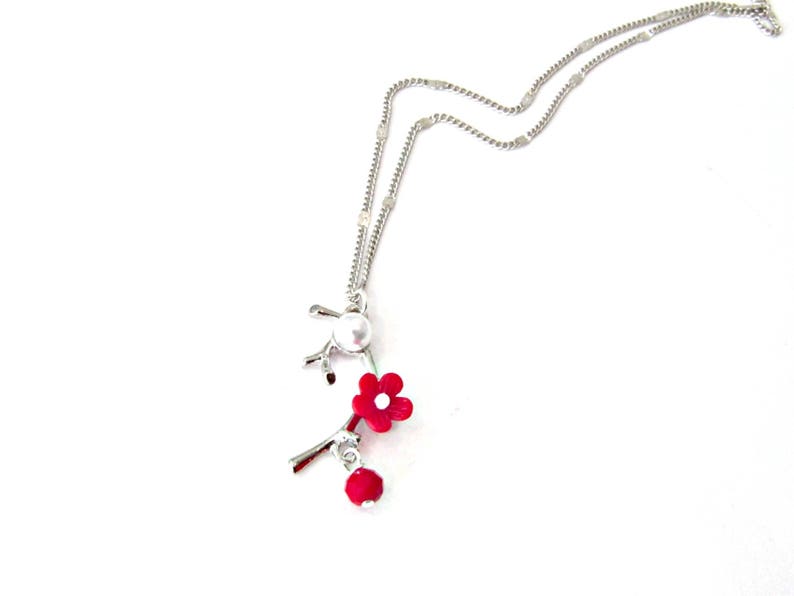 Silver branch with red flower necklace, Silver chain necklace ,Blossom necklace, Flower necklace, Red flower necklace, Valentine's day gift image 2